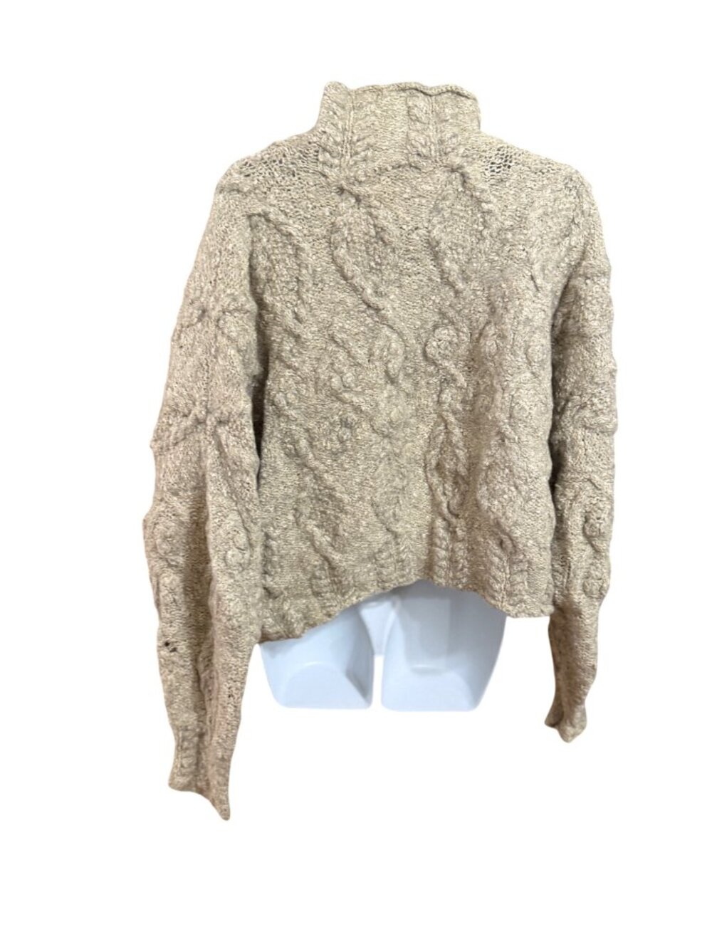 Lainey Keogh Hand-Knit Wool Blend Cable Knit Sweater With High Neck Beige - Picture 3 of 10